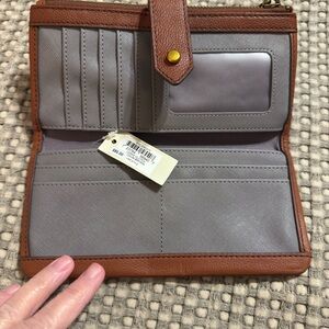 Fossil Gray Bifold Wallet with Brown Trim